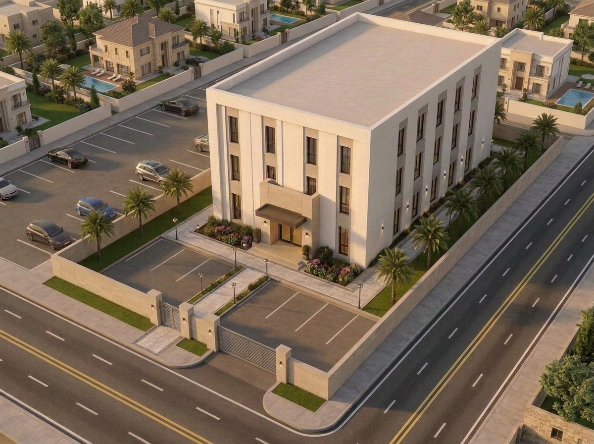 مسقط جوي لموقع الفندق يوضح توزيع المبنى والمواقف والمداخل